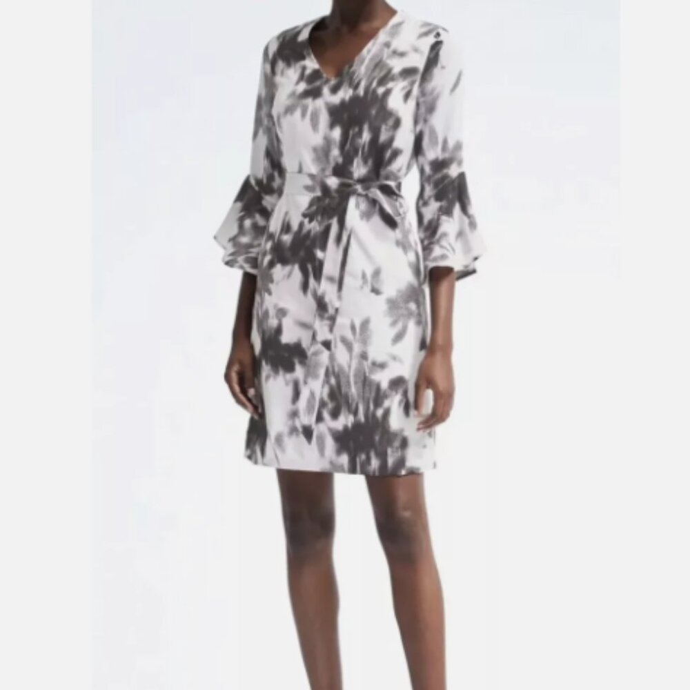 Banana Republic Bell Sleeve Tie-Waist Shift Dress in Black and White Print
